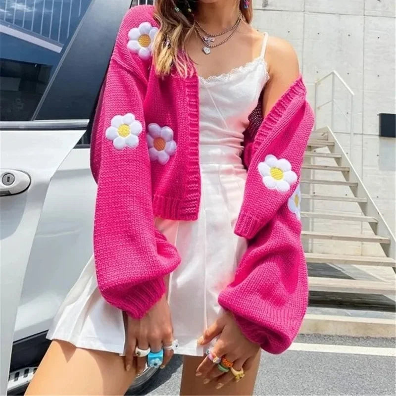Women'S Sweet Flower Pattern Sweater Cardigan Street Trendsetters Autumn New Women'S Lantern Sleeves Loose Short Knitted Sweater