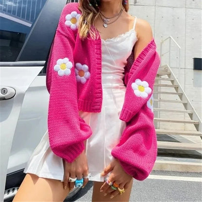 Women'S Sweet Flower Pattern Sweater Cardigan Street Trendsetters Autumn New Women'S Lantern Sleeves Loose Short Knitted Sweater