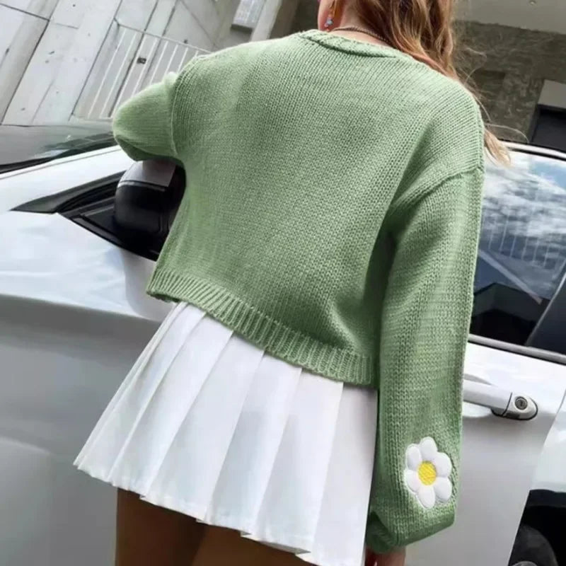 Women'S Sweet Flower Pattern Sweater Cardigan Street Trendsetters Autumn New Women'S Lantern Sleeves Loose Short Knitted Sweater
